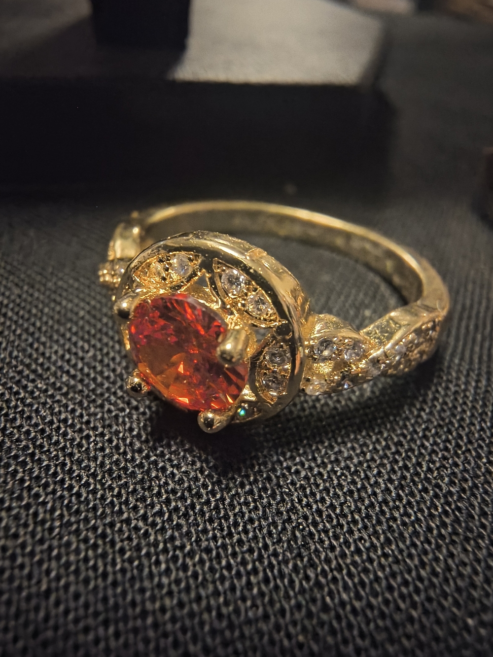 Gold Ring with Red Center Stone and Pavé Accents